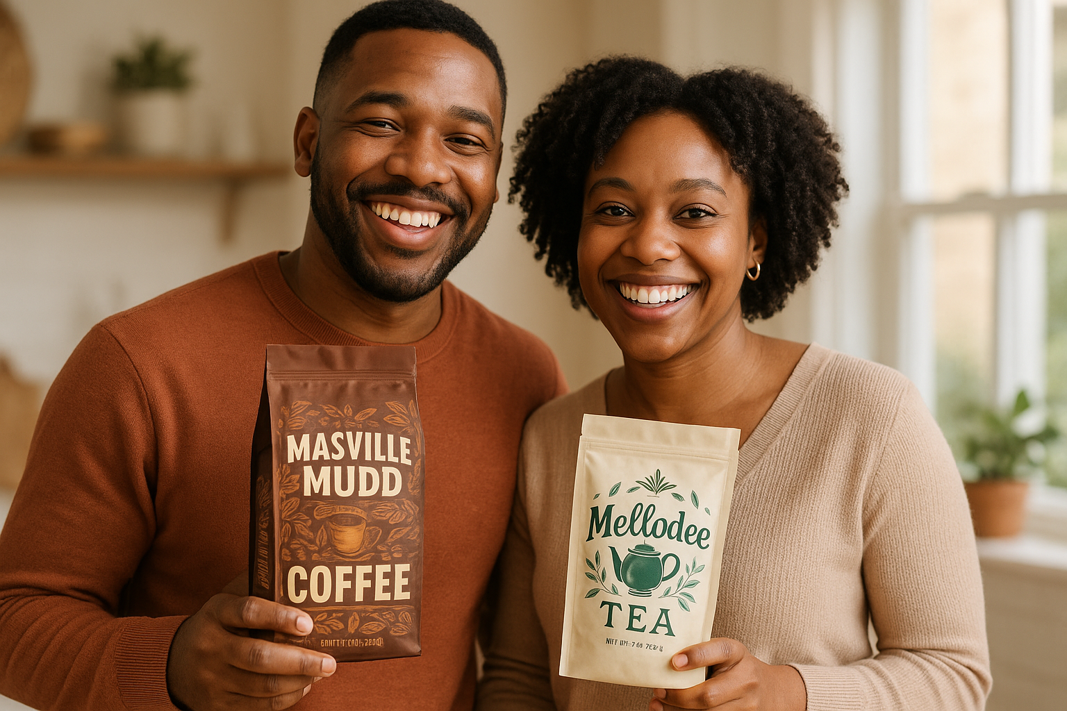 An African-American couple holding a bag of MASville Mudd Coffee and a bag of Mellodee Tea.